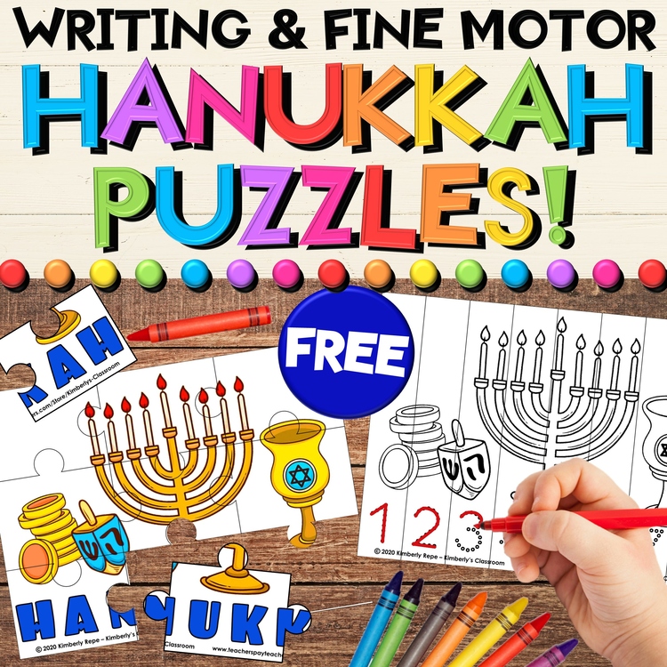 FREE Hanukkah Puzzle Activities for Writing, Math, Fine Motor, & Problem Solving
