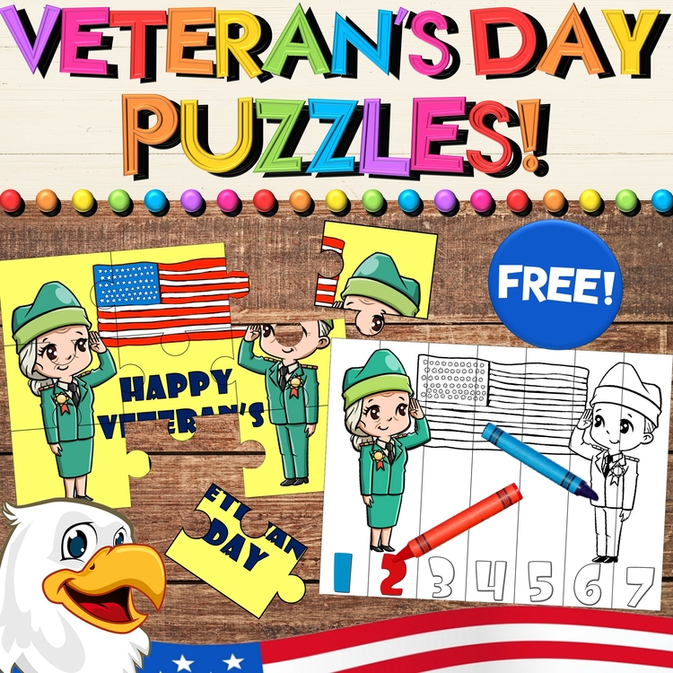 Veteran's Day Puzzles for Writing, Sequencing, & Coloring Activities