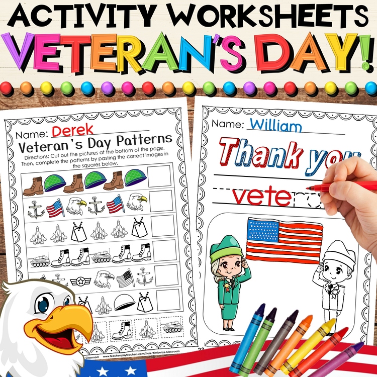 Veteran's Day Worksheet Activities - English, Writing, Math, Patterns, Coloring