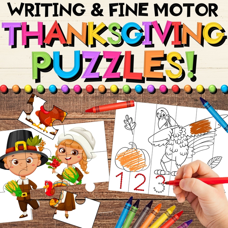 Thanksgiving Puzzles - Writing and Math Activities - Turkeys - Pilgrims
