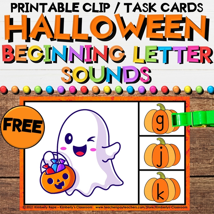 FREE Halloween Beginning Letter Sounds Printable Task Cards - Fall Clip Cards