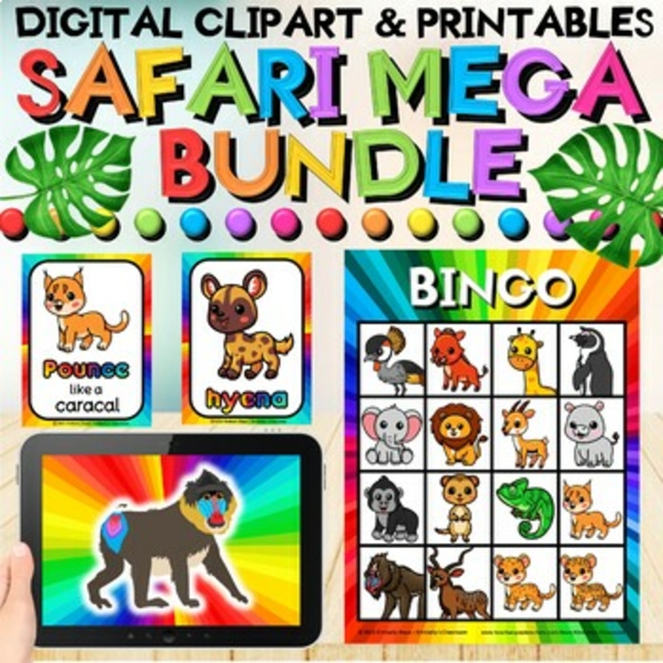 Safari Activities Bundle - African Animals Worksheets, Games, Coloring, Clipart