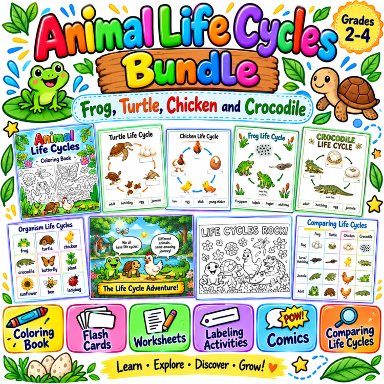 Animal Life Cycles Bundle | Frog, Turtle, Chicken and Crocodile