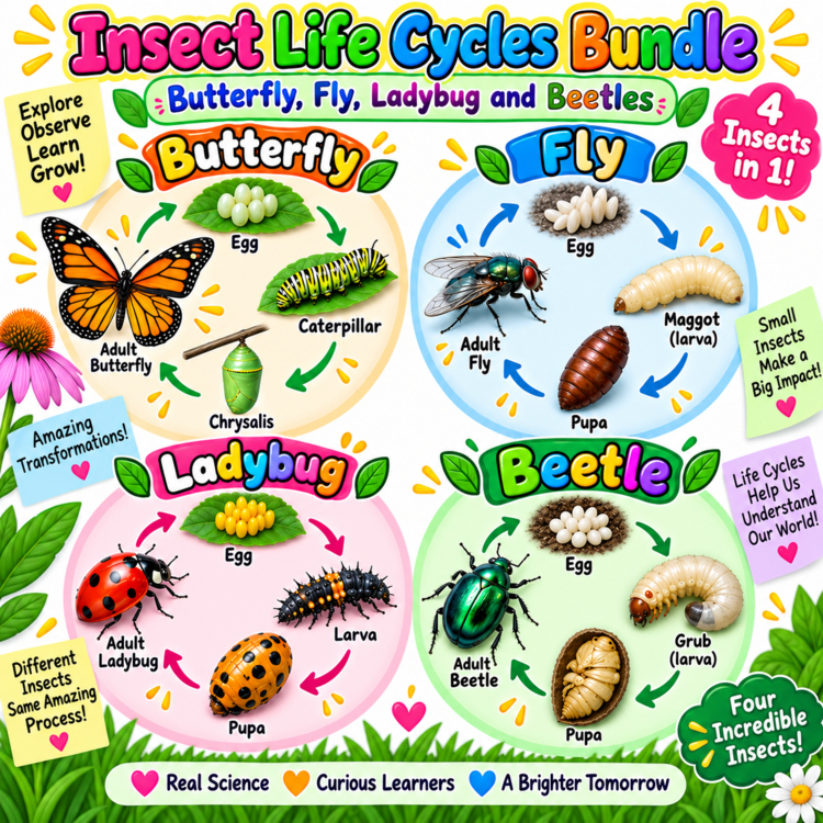 Insect Life Cycles Bundle | Butterfly, Fly, Ladybug and Beetles