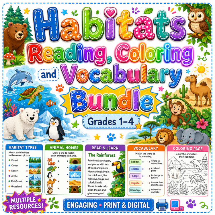 Habitats Reading, Coloring and Vocabulary Bundle | Grades 1–4