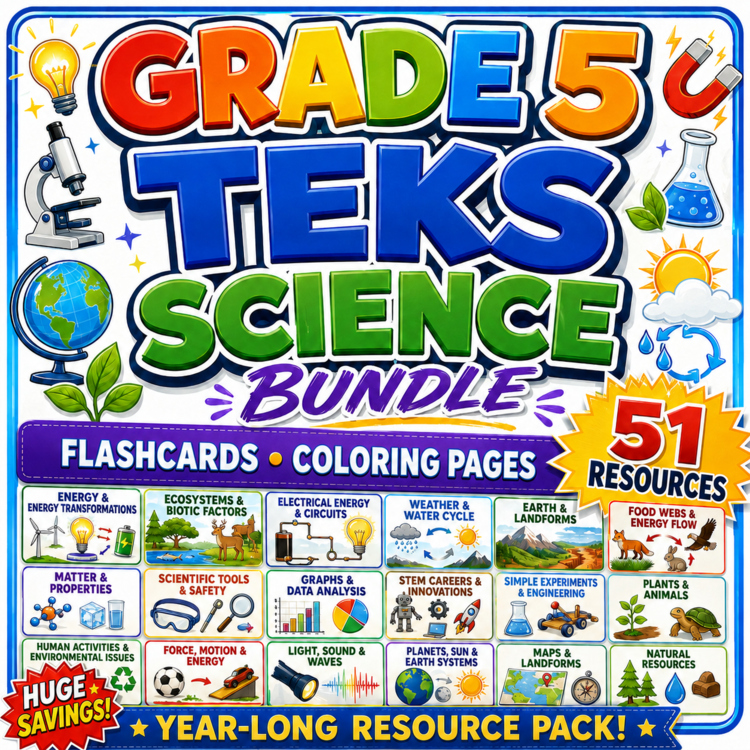 51 Grade 5 Science TEKS Flashcards, Worksheets & Coloring Pages Bundle