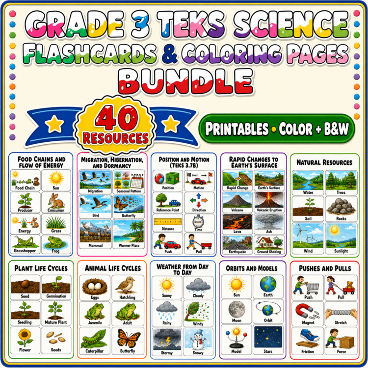 Grade 3 TEKS Science Flashcards & Coloring Pages Bundle 40 Resources