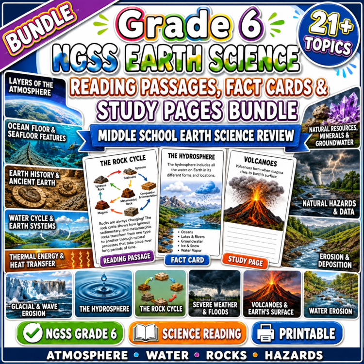 Grade 6 NGSS Earth Science Reading Passages, Fact Cards & Study Pages Bundle