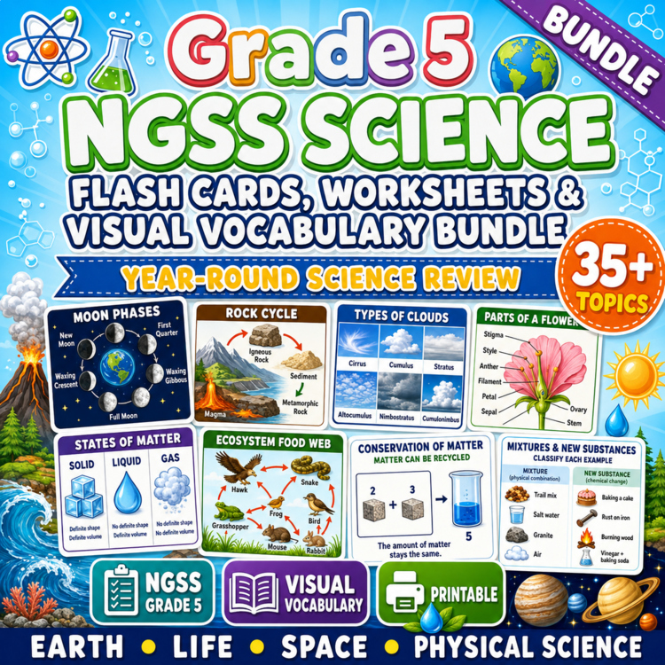 Grade 5 NGSS Science Flash Cards, Worksheets & Visual Vocabulary Bundle