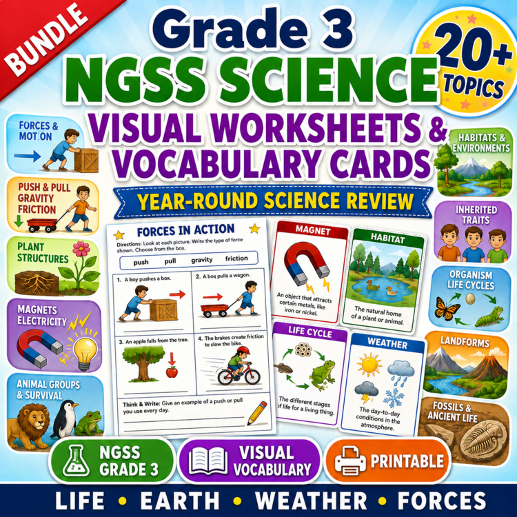 Grade 3 NGSS Science Visual Worksheets & Vocabulary Cards Bundle