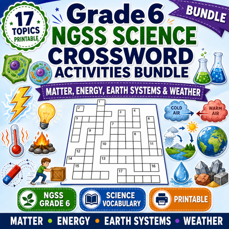 Grade 6 NGSS Science Crossword Activities Bundle | Matter, Energy, Earth Systems