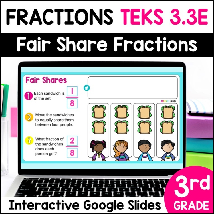 TEKS 3.3E - Partitioning Fractions, Making Fair Shares Fractions Google Slides