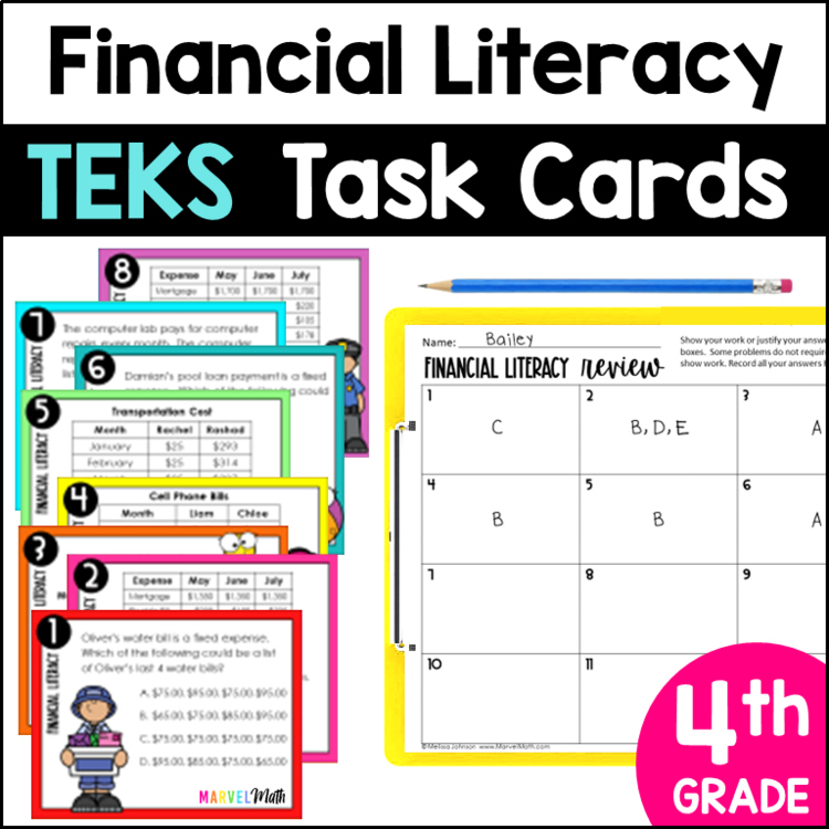 4th Grade Financial Literacy Task Cards - STAAR Math Review TEKS: 4.10AB 4.10E