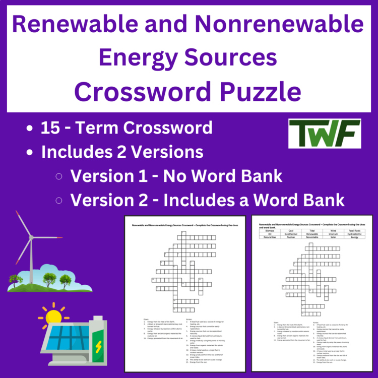 Renewable and Nonrenewable Energy Sources Crossword Puzzle Activity
