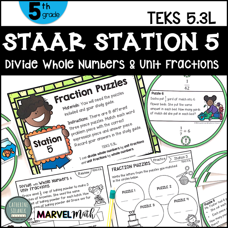 5th Grade STAAR STATION 5: Fraction Puzzles  TEKS 5.3L Math Center