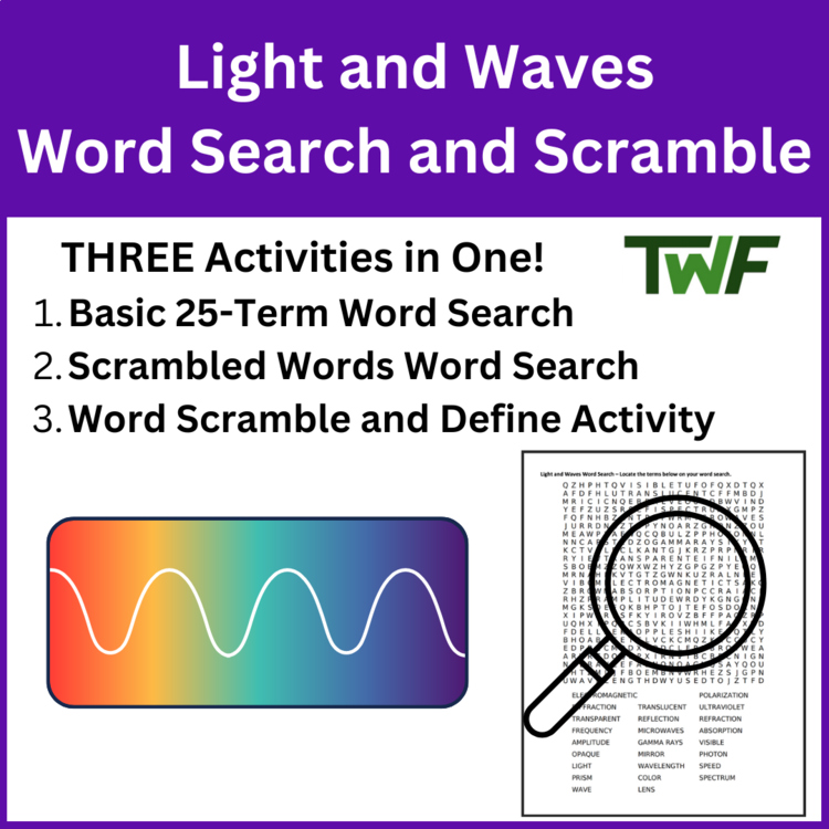 Light and Optics Word Search and Scramble Activity