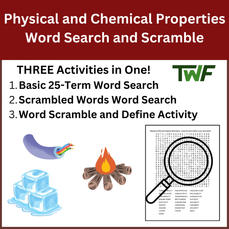 Physical and Chemical Properties Word Search and Scramble Activity