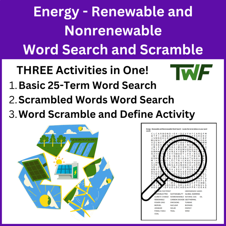 Energy - Renewable and Nonrenewable Word Search and Scramble Activity