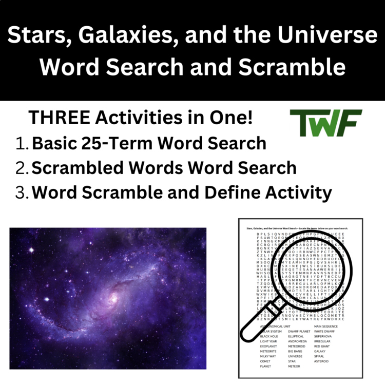 Stars, Galaxies, and the Universe Word Search and Scramble Activity