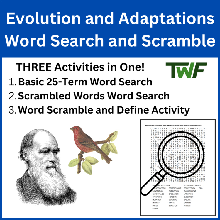 Evolution and Adaptations Word Search and Scramble Activity