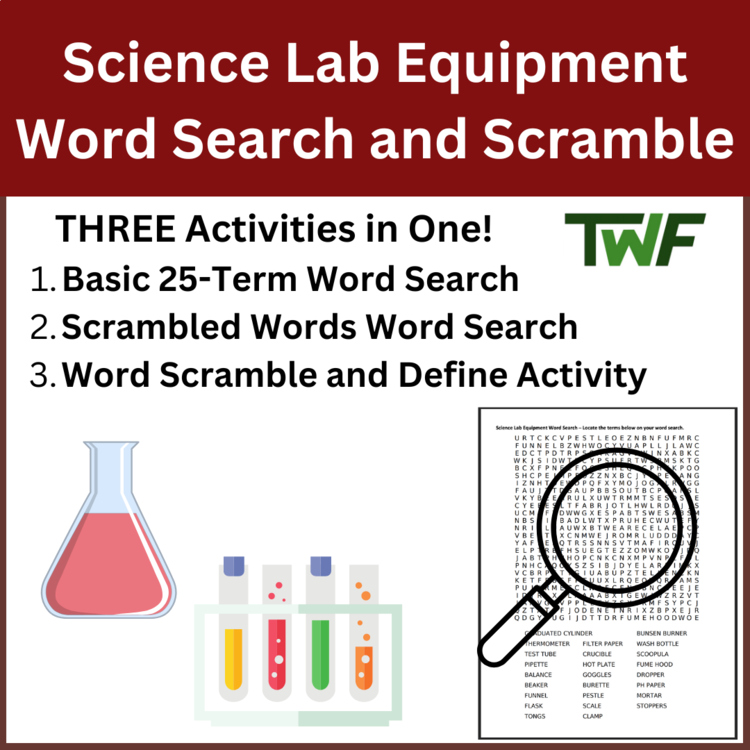 Lab Equipment - Science Word Search and Scramble Activity