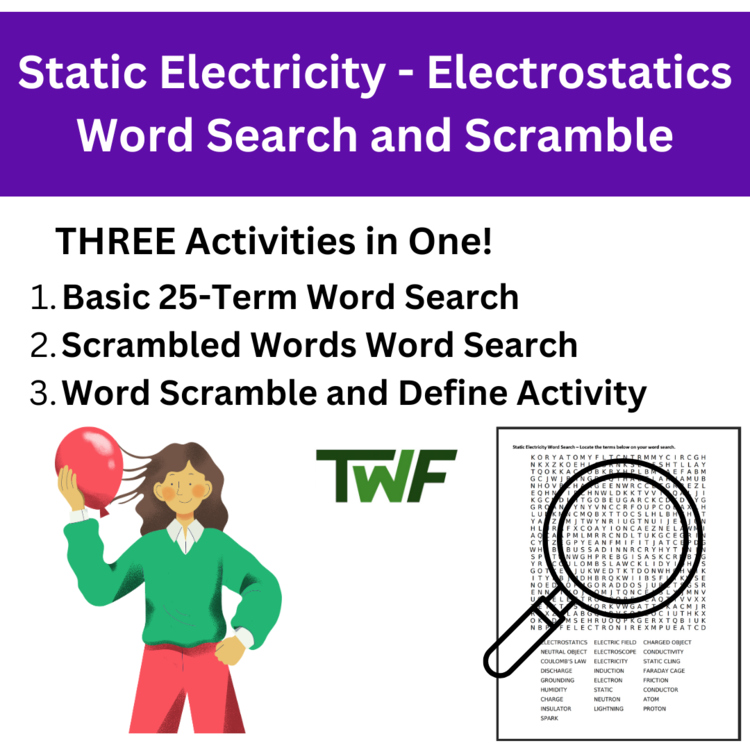 Static Electricity - Electrostatics Word Search and Scramble Activity