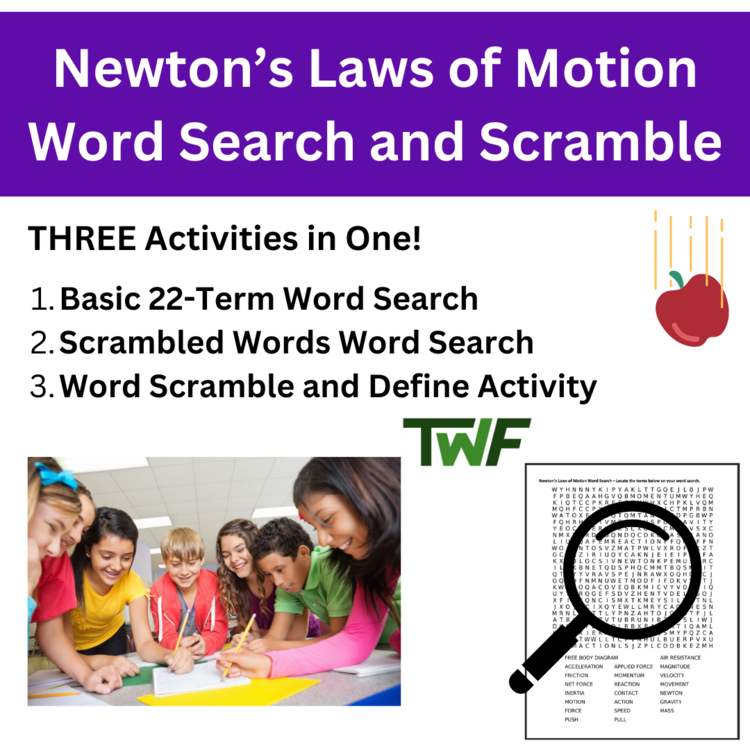 Newton's Laws of Motion Word Search and Scramble Activity