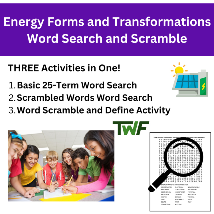 Energy Forms and Transformations Word Search and Scramble Activity