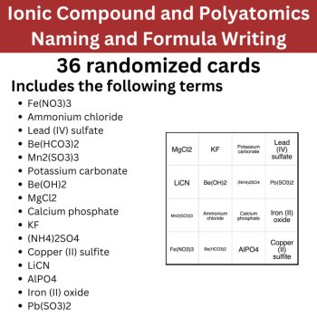 Ionic and Polyatomic Compound Naming and Formula Writing BINGO - High School, image 2