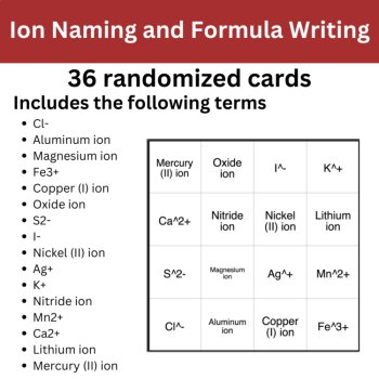 Ion Naming and Formula Writing BINGO - High School Science, image 2