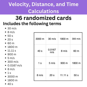 Velocity, Distance, and Time Calculations BINGO - High School Science, image 2
