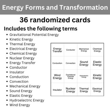 Energy Forms and Transformations BINGO - Science BINGO Activity, image 2
