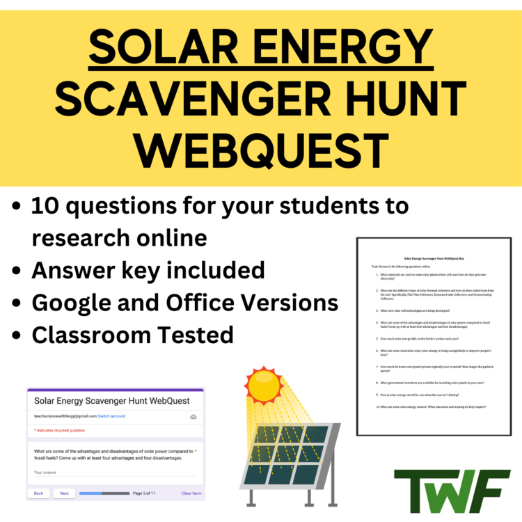 Solar Energy Scavenger Hunt & WebQuest - Middle and High School Appropriate