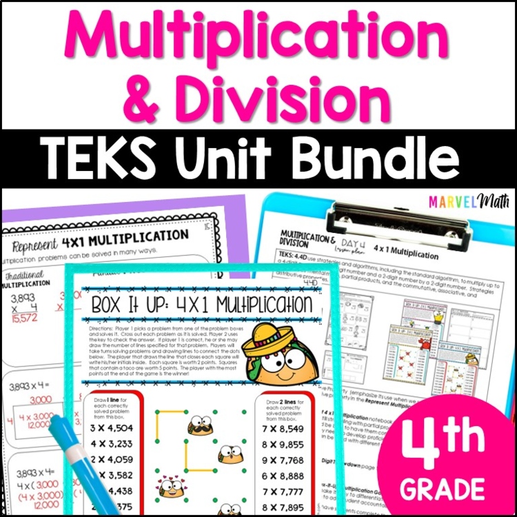 4th Grade Multiplication and Division Unit - Word Problems, Practice, Games TEKS