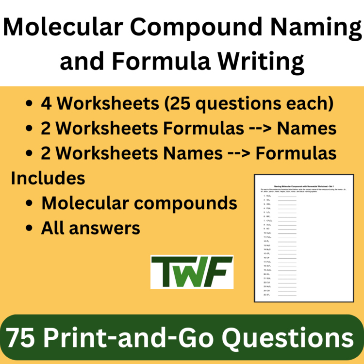 Molecular Compound Naming and Formula Writing - 4 Worksheets