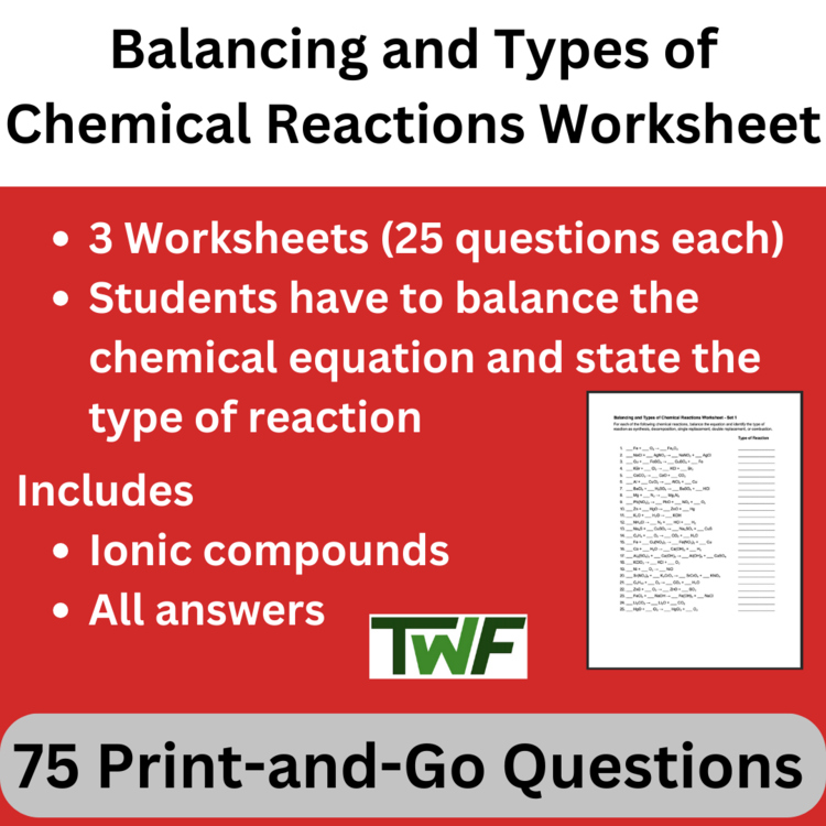 Balancing and Types of Chemical Reactions - 3 Worksheets -75 Questions & Answers