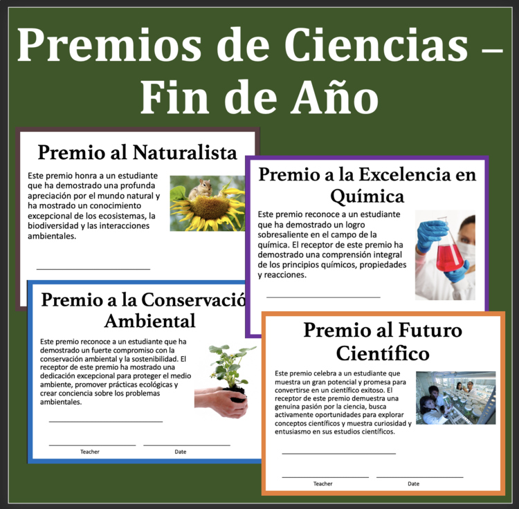 End of Year Middle School Science Awards - SPANISH VERSION - 39 Year End Awards