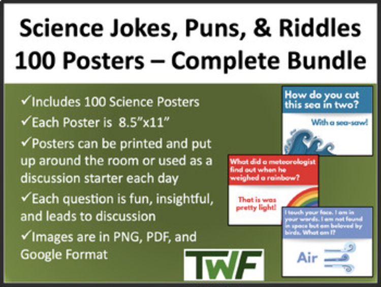 100 Science Jokes, Puns, and Riddles Bundle - Classroom Posters