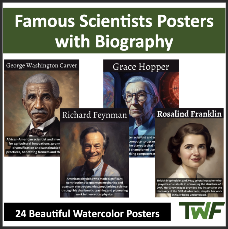 Famous Scientist Posters With Short Biography - 24 Beautiful Watercolor Posters