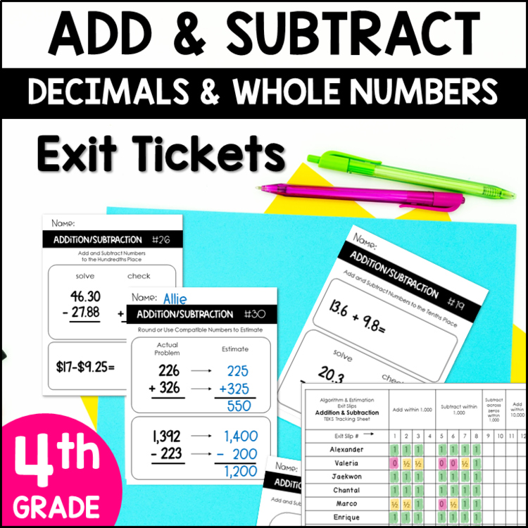 4th Grade Adding and Subtracting Decimals and Whole Numbers Exit Tickets