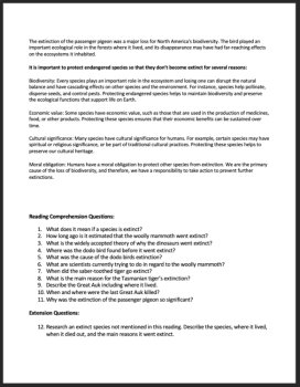 Species Extinction Reading Comprehension Passage and Questions | Grade 8 and Up, image 3