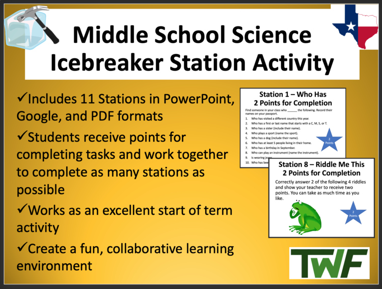 TEKS Middle School Icebreaker Station Activity - Includes 11 Stations