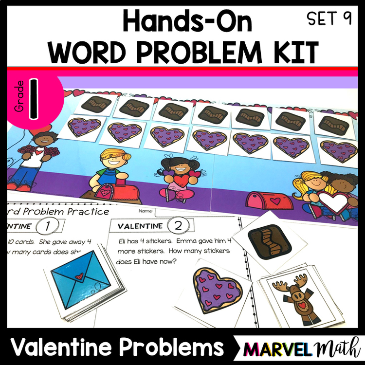 1st Grade Hands-On Word Problems Kit 9: Valentine's Day Problems