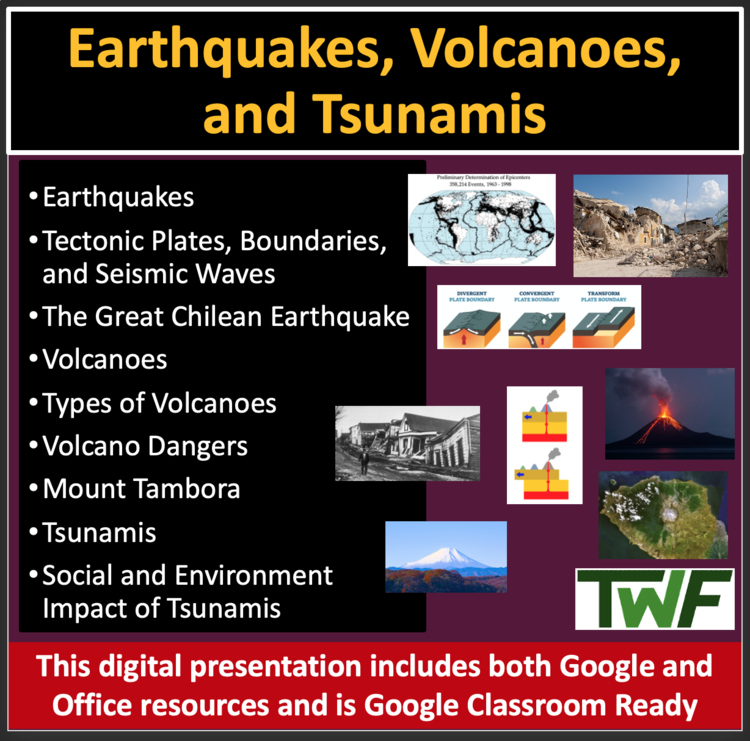Earthquakes, Volcanoes, and Tsunamis - Google Slides and PowerPoint Lesson