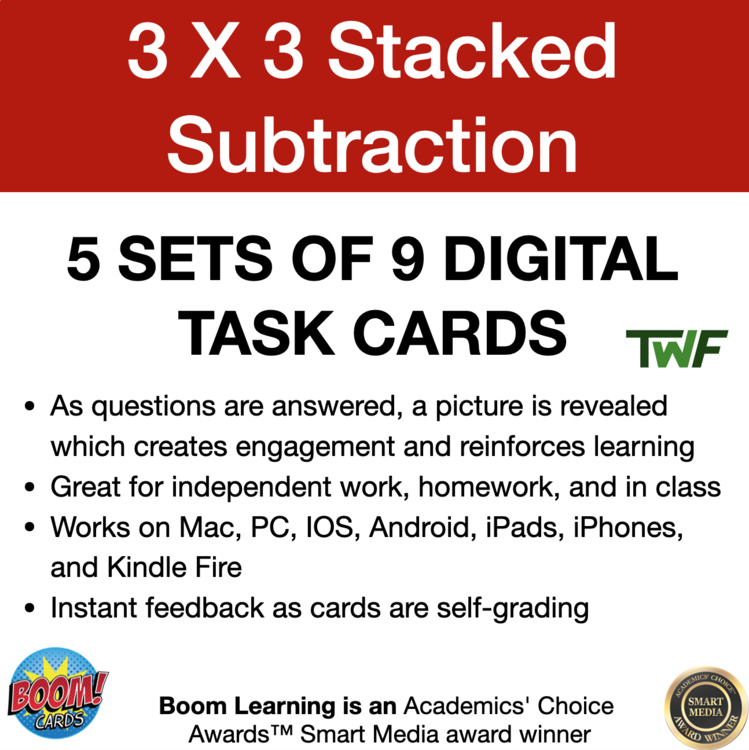 Subtraction 3 X 3 Stacked Digital Boom Cards Distance Learning
