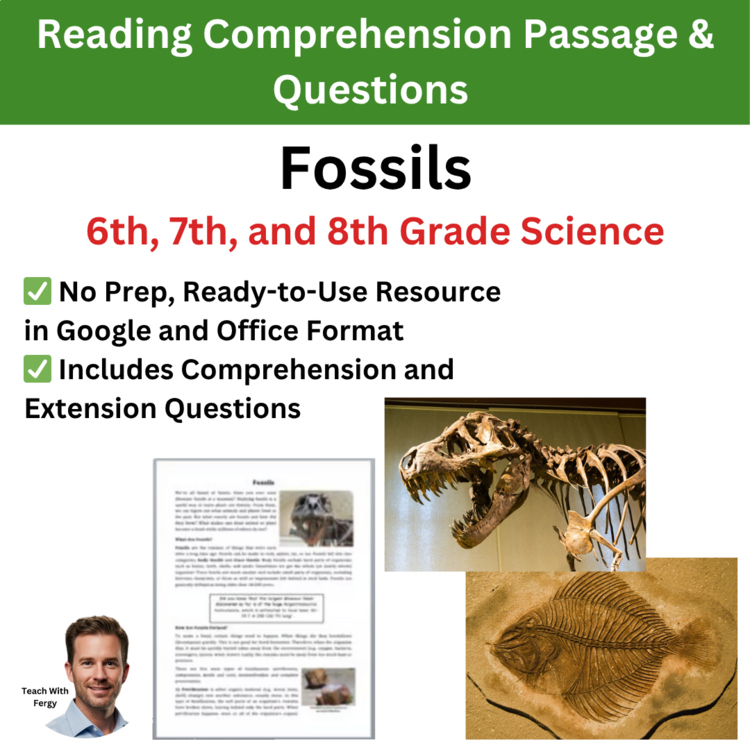 Fossils Reading Comprehension Passage & Questions | 6th, 7th, 8th Grade