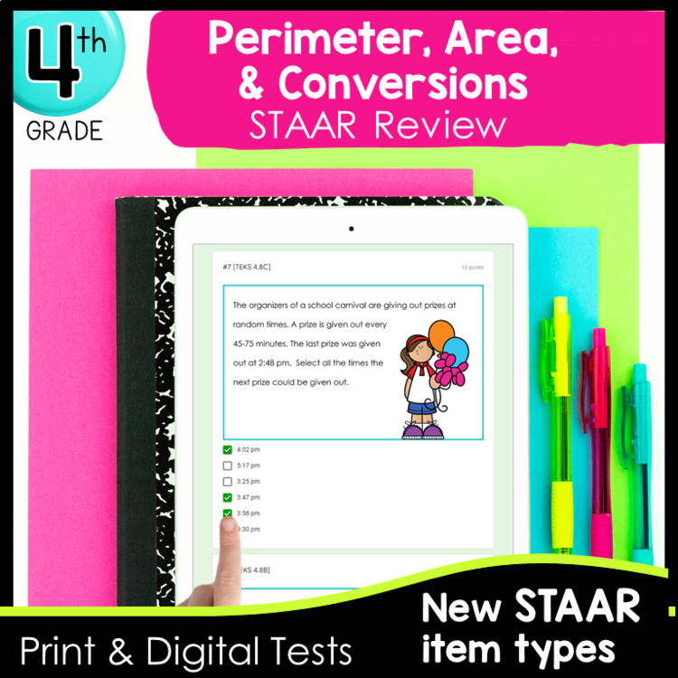 Area, Perimeter, Measurement Conversions Tests - 4th Grade STAAR Math Review