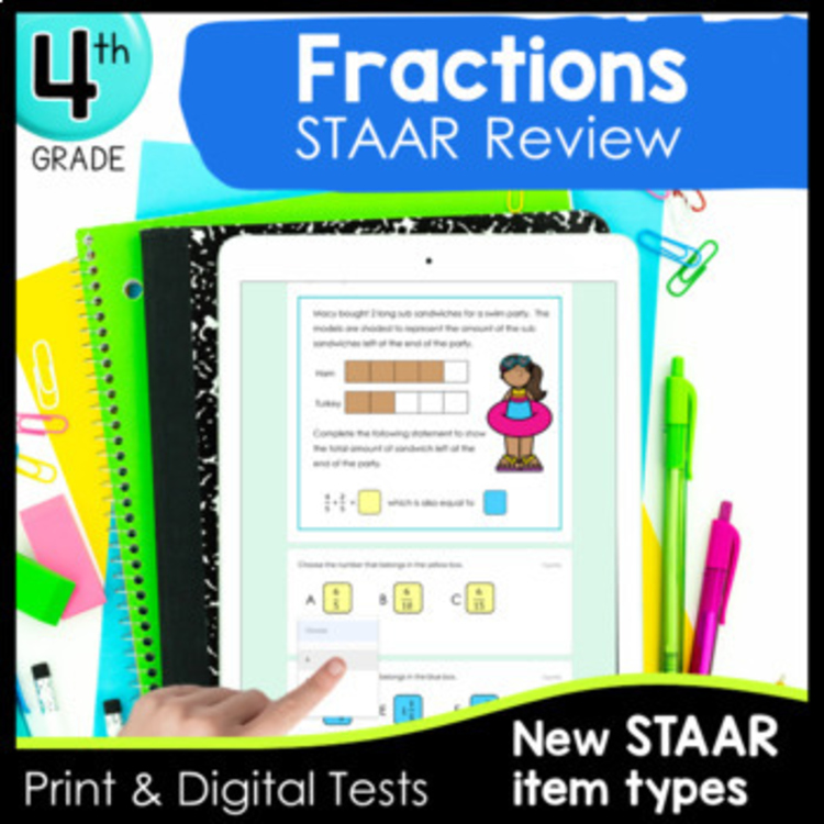 Fraction TEKS Tests - 4th Grade STAAR Math Review - Digital and Print