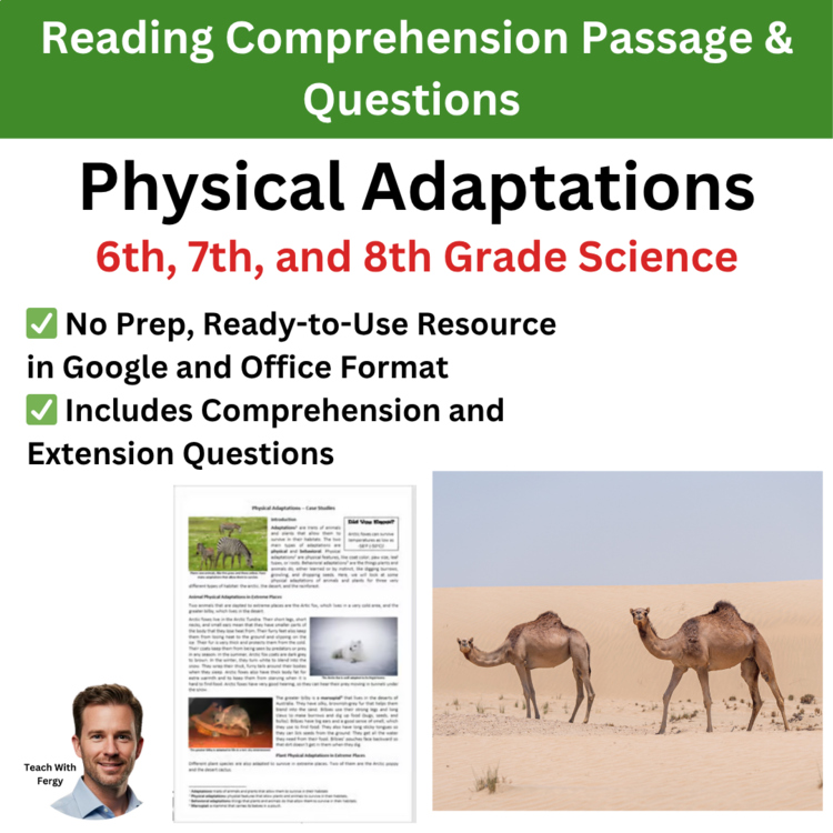 Physical Adaptations Reading Comprehension Passage & Questions | 6th, 7th, 8th