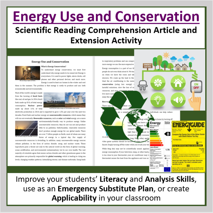 Energy Use and Conservation Reading Comprehension Article - Grade 8 and Up